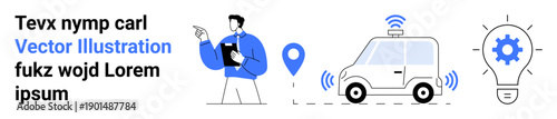 Smart transportation, innovation, technology advancement, mobility solutions, navigation systems, data-driven insights. A person pointing, a car with wireless signals, and a light bulb with gears