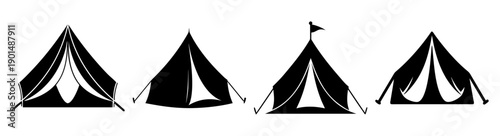 Four black minimalist camping tents vector icon set isolated on white background outdoor adventure travel