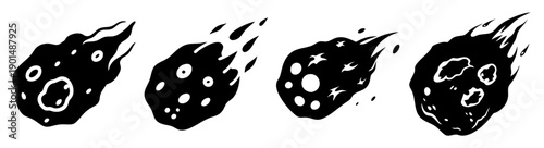Set of four black meteorite asteroids flying in space vector icons for science and astronomy designs