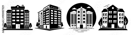Modern apartment building vector icon set isolated black and white urban residential architecture design collection