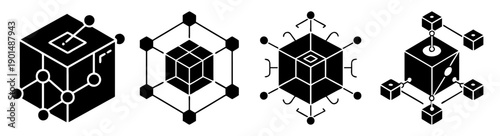 Blockchain technology vector icon set with interconnected cubes and nodes for digital finance and cryptocurrency