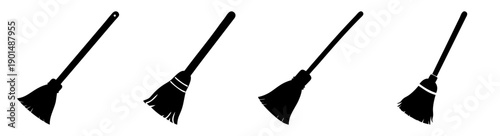 Set of five black minimalist broom vector icons isolated on white background for cleaning and household chores