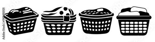 Set of four black and white laundry baskets vector icons isolated on transparent background for household chores