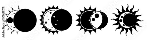 Vector moon phases and solar eclipse icon set black white celestial astronomy illustration isolated