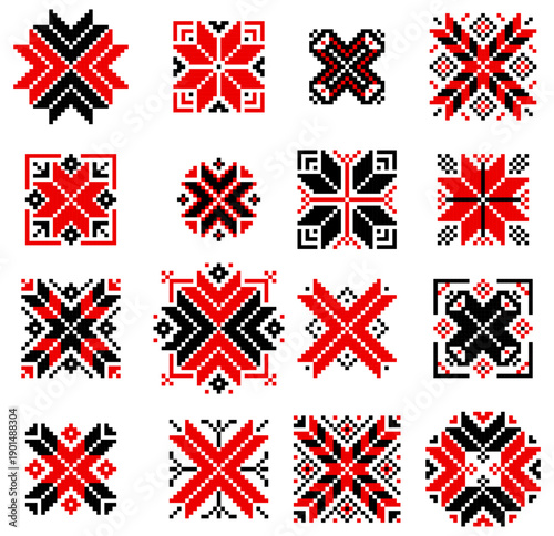 Set of ethnic elements isolated on white. Traditional geometrical ornament. Vyshyvanka icons collection. Cross stitch. Embroidery in black and red colors. Festive ornament