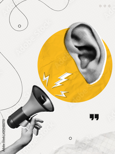 Trendy Halftone Collage Megaphone shout out ear. Hand holding loudspeaker with urgent attention. Social media sales. Propaganda and fake news. Yellow press. Contemporary vector illustration art