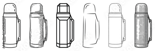 Collection of six vacuum flask illustrations presented in a variety of graphic styles such as simple line art, hand-drawn sketch, geometric, and detailed engraving