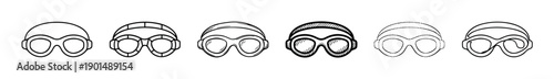 Collection of swimming goggles and cap illustrations in a black and white line art style, showing a variety of hand-drawn doodle and sketch designs for water sports