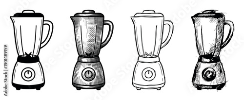 Set of four hand-drawn kitchen blenders in various sketch, doodle, and crosshatch styles, perfect for illustrating cooking and healthy food preparation