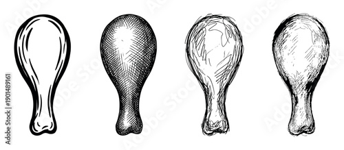 Four hand-drawn chicken drumstick illustrations in a black and white sketch style, showcasing different graphic techniques like outline, cross-hatching, and scribble for food concepts