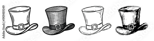 Four hand-drawn leprechaun top hats with buckles in a collection of various ink sketch styles, from clean line art to cross-hatching and distressed textures for holiday design