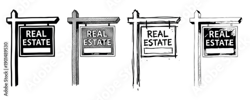 Four hand-drawn real estate signs in various artistic styles, from clean block illustration to rough sketchy doodles, showing a collection of property sale concepts