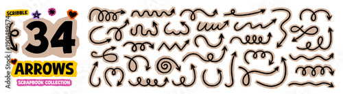 Chalk scrapbook squiggly arrows doodle set. Crayon pencil swirls, cutout direction pointers in sketch style, Grunge texture. Hand drawn vector illustration isolated on white background