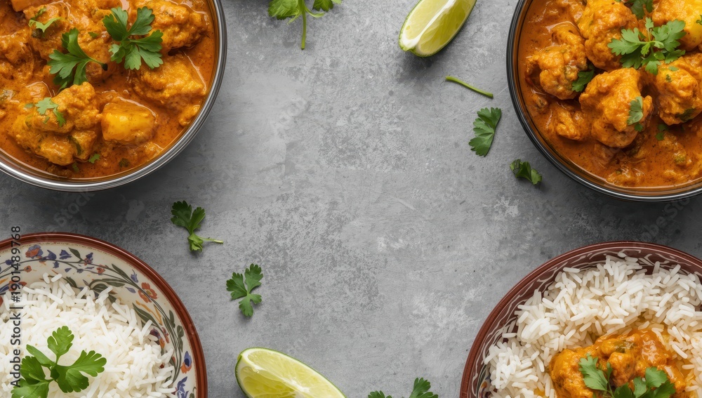 Fototapeta premium Vegetarian cauliflower curry with rice, cilantro, and lime on a grey surface, seen from above