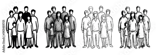 Four hand-drawn sketch illustrations of faceless people groups showing different ink drawing techniques like hatching, stippling, and solid black fill in a monochrome set
