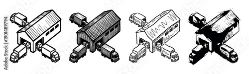 Set of four hand-drawn illustrations showing a warehouse with trucks loading and unloading parcels, depicted in various black and white artistic styles from an isometric perspective