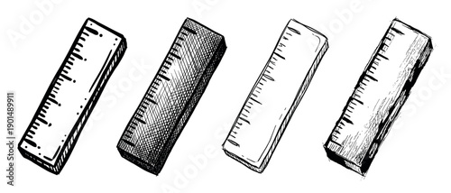 Four hand-drawn black and white rulers in a sketchy ink illustration style, showing different shading techniques like cross-hatching and stippling for a vintage look