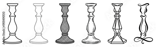 Set of six candlestick illustrations showing various artistic styles including line art, dotted outline, sketch, geometric, and calligraphic designs for home decor concepts