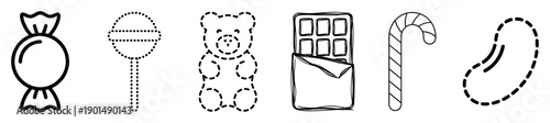 Set of six candy icons in various line art styles including solid, dotted, dashed, and sketchy illustrations of a lollipop, chocolate bar, and gummy bear