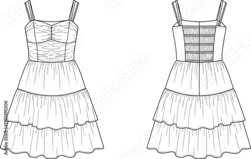Black and white line of a sleeveless dress front and back line fashion clothing