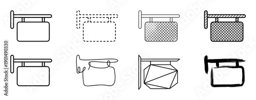 Collection of black hanging sign icons in various artistic styles including line art, dotted, geometric, and brush stroke for business or shop branding concepts