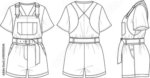 Black and white line of three views of a short sleeved romper jumpsuit belted pocket