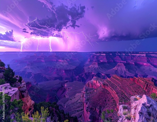 A dramatic stormy landscape with lightning over the Grand Canyon at dusk from an aerial viewpoint capturing the vast terrain