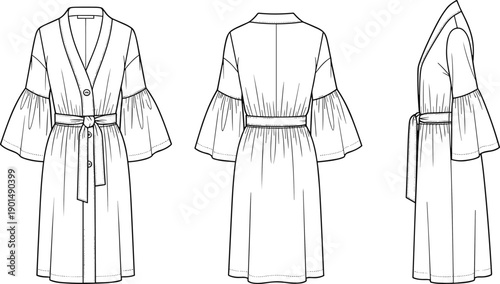 Black and white of a robe in three views dress clothing fashion line black and white