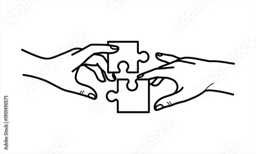 Two hands connecting puzzle pieces, symbolizing teamwork and problem-solving.