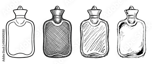Four hand-drawn hot water bottle illustrations in a set showing different sketch styles, from a simple outline to detailed crosshatching and a rough doodle texture in black ink