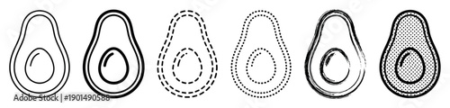 Set of six black avocado half icons presented in various artistic styles including outline, dashed, dotted, brush stroke, and stipple texture for graphic design