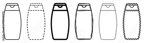 Set of six black outline cosmetic bottles with different line art styles including dashed, dotted, thick, sketchy, and wavy for a graphic design or web icon collection