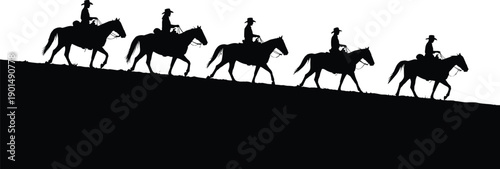 Black silhouettes of cowboys riding horses on a hill white background
