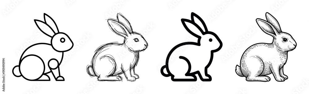 Obraz premium Four black and white rabbit illustrations showing different artistic styles from simple geometric shapes and sketches to a detailed vintage engraving and a modern icon