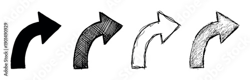 Four hand-drawn black curved arrows in a set showing different sketch styles like solid, crosshatch, outline, and texture for graphic design elements and pointers