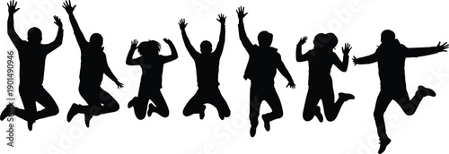 Black silhouettes of people jumping with arms raised on white background joyful