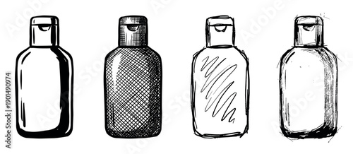 Set of four hand-drawn cosmetic bottles with flip-top caps, each rendered in a unique black and white sketch style including cross-hatching, simple lines, and doodles