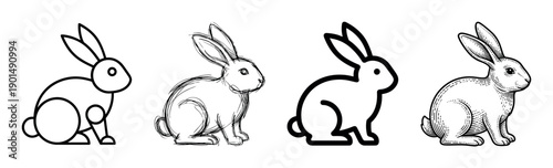 Four black and white rabbit illustrations showing different artistic styles from simple geometric shapes and sketches to a detailed vintage engraving and a modern icon