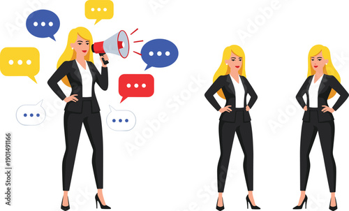 Blonde businesswoman speaking through megaphone with speech bubbles black suit