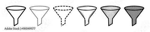 Set of six black funnel icons showing different graphic styles including solid, dotted, dashed, sketchy, stippled, and cross-hatched for business or marketing concepts