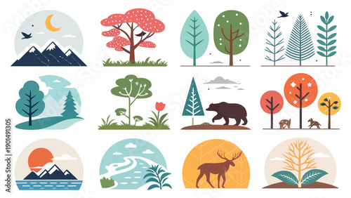 Stylized nature scenes featuring trees, mountains, rivers, and animals in a minimalist, colorful style.