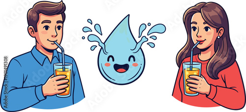 Cartoon man and woman drinking juice with smiling water drop people