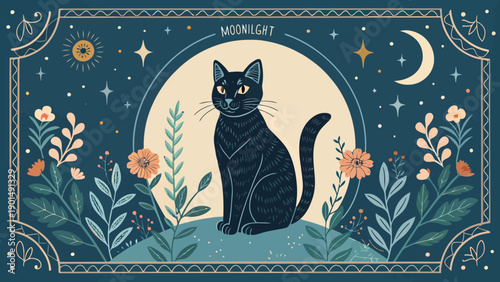 Mystical black cat sits serenely under a crescent moon and stars, surrounded by enchanted floral elements.