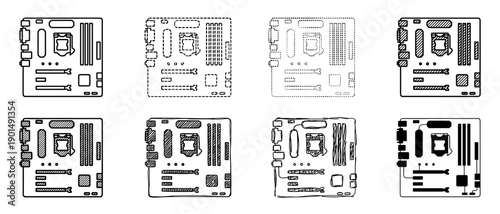 Set of eight computer motherboard illustrations showing various artistic styles including line art, sketch, dotted, dashed, and silhouette for technology concepts