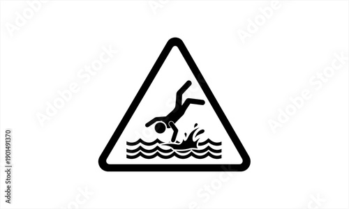 Warning sign depicting a person falling into water, indicating danger.
