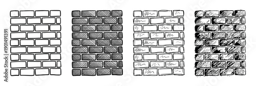 Four hand-drawn brick wall texture variations in a black and white sketch style, showing different shading techniques from simple outline to cross-hatching and heavy ink