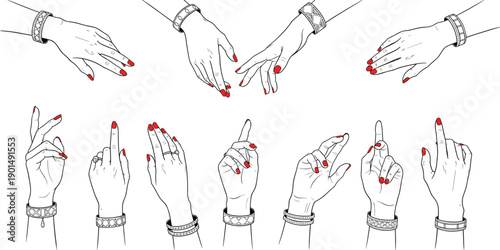 Hands with red nails and bracelets in various gestures white background