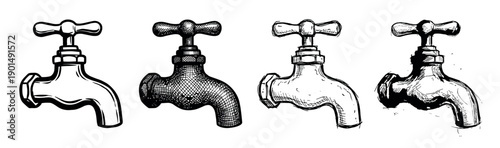 Four hand-drawn vintage water tap illustrations in a black and white sketch style showing different artistic techniques like outline, cross-hatching, and rough ink drawing