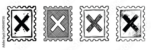 Four hand-drawn postage stamps with X marks in a set, showcasing various rough sketch and grunge textures in a monochrome doodle style for cancellation or rejection concepts