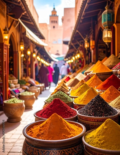 Vibrant market scene with colorful spice piles in Marrakech's bustling alleyway, viewed from a merchant's stall